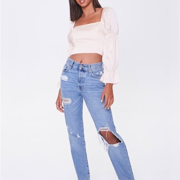 Size Small NWT Beige Champagne Peasant Long Sleeve Woven Crop top Forever 21 - Picture 1 of 9